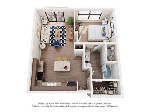 Floor plan for 1 bed, 1 bath, 727 sqft